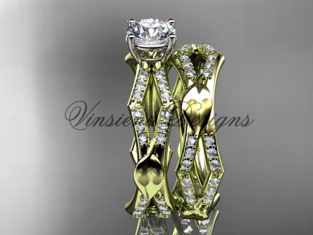 14kt yellow gold diamond leaf and vine wedding ring, engagement set ADLR353S