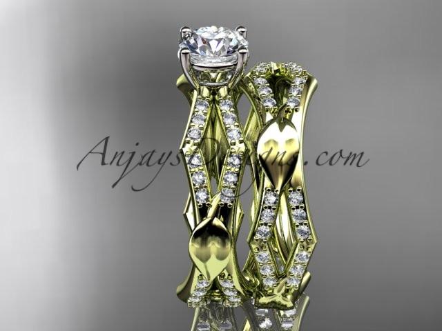 14k yellow gold diamond leaf and vine wedding ring, engagement set with a "Forever One" Moissanite center stone ADLR353S - AnjaysDesigns