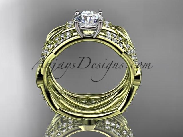 14k yellow gold diamond leaf and vine wedding ring, engagement set with a "Forever One" Moissanite center stone ADLR353S - AnjaysDesigns