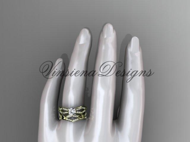 14kt yellow gold diamond leaf and vine wedding ring, engagement set ADLR353S