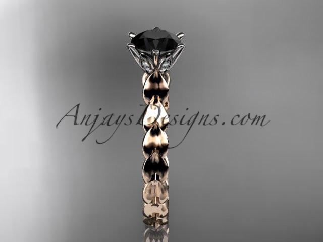 14k rose gold diamond vine and leaf wedding ring, engagement ring with Black Diamond center stone ADLR35 - AnjaysDesigns