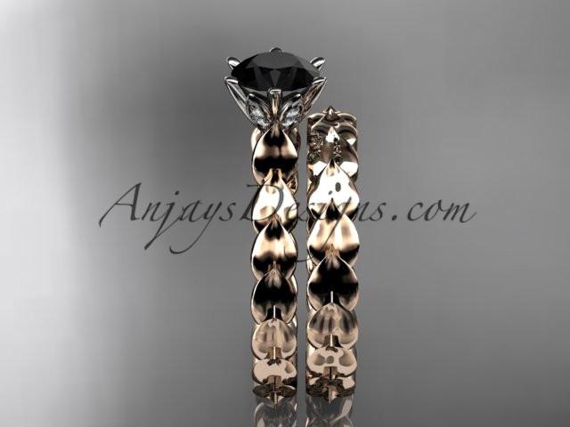 14k rose gold diamond vine and leaf wedding ring, engagement set with a Black Diamond center stone ADLR35S - AnjaysDesigns