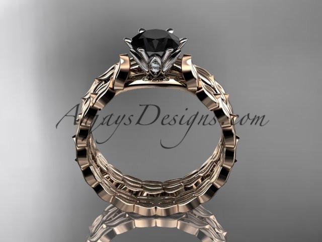 14k rose gold diamond vine and leaf wedding ring, engagement set with a Black Diamond center stone ADLR35S - AnjaysDesigns