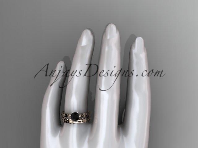 14k rose gold diamond vine and leaf wedding ring, engagement set with a Black Diamond center stone ADLR35S - AnjaysDesigns