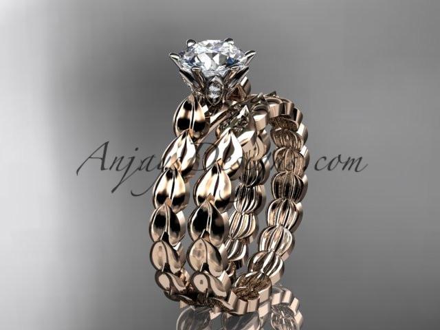 14k rose gold diamond vine and leaf wedding ring, engagement set with a "Forever One" Moissanite center stone ADLR35S - AnjaysDesigns
