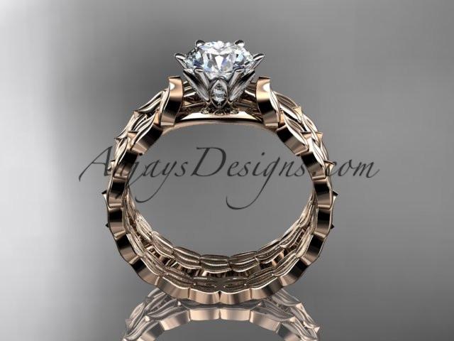 14k rose gold diamond vine and leaf wedding ring, engagement set with a "Forever One" Moissanite center stone ADLR35S - AnjaysDesigns