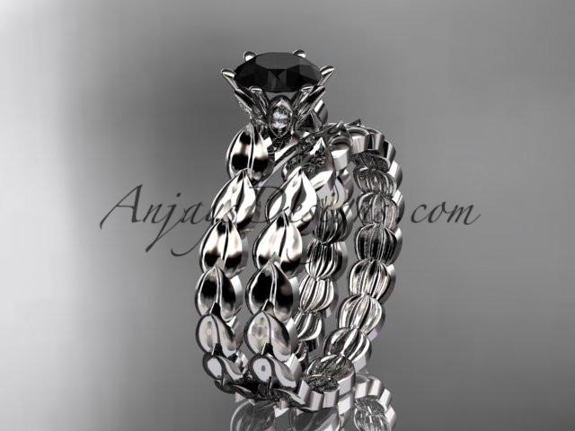 14k white gold diamond vine and leaf wedding ring, engagement set with a Black Diamond center stone ADLR35S - AnjaysDesigns