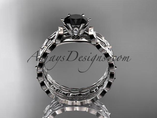 platinum diamond vine and leaf wedding ring, engagement set with a Black Diamond center stone ADLR35S - AnjaysDesigns