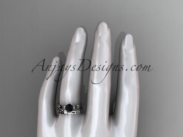 platinum diamond vine and leaf wedding ring, engagement set with a Black Diamond center stone ADLR35S - AnjaysDesigns