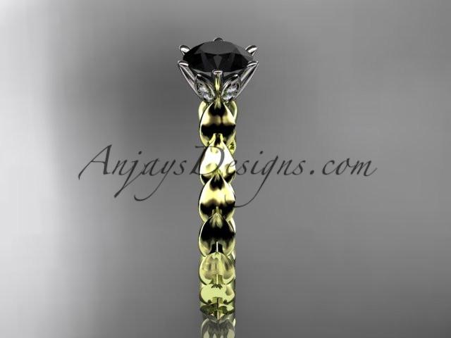 14k yellow gold diamond vine and leaf wedding ring, engagement ring with Black Diamond center stone ADLR35 - AnjaysDesigns