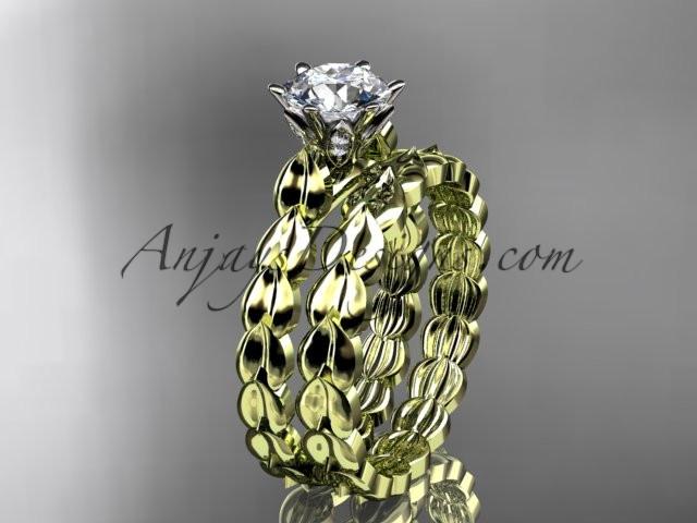 14k yellow gold diamond vine and leaf wedding ring, engagement set with a "Forever One" Moissanite center stone ADLR35S - AnjaysDesigns