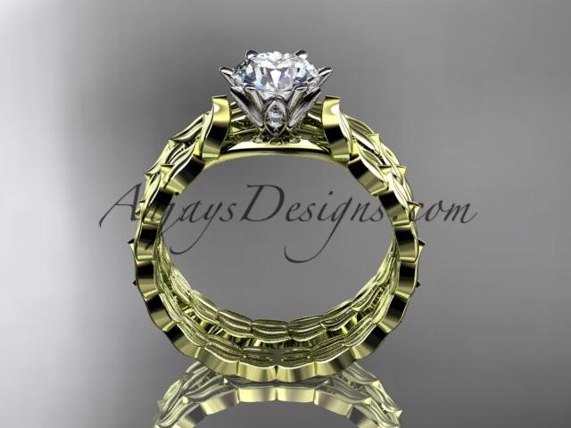 14k yellow gold diamond vine and leaf wedding ring, engagement set with a "Forever One" Moissanite center stone ADLR35S - AnjaysDesigns