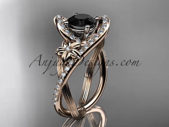 14k rose gold leaf and flower diamond unique engagement ring, wedding ring with a Black Diamonde center stone ADLR369 - AnjaysDesigns