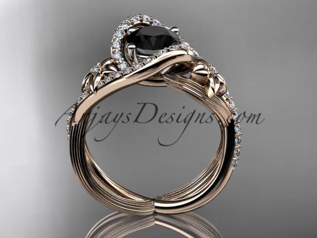 14k rose gold leaf and flower diamond unique engagement ring, wedding ring with a Black Diamonde center stone ADLR369 - AnjaysDesigns