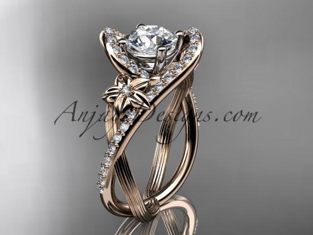 14k rose gold leaf and flower diamond unique engagement ring, wedding ring with a "Forever One" Moissanite center stone ADLR369 - AnjaysDesigns