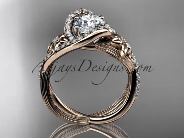 14k rose gold leaf and flower diamond unique engagement ring, wedding ring with a "Forever One" Moissanite center stone ADLR369 - AnjaysDesigns