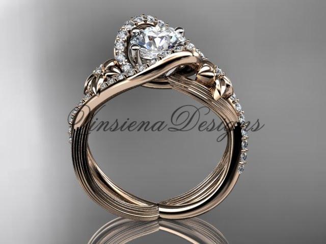 14k rose gold diamond unique engagement ring "Forever One" Moissanite ADLR369