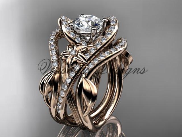 14kt rose gold diamond engagement ring set One Moissanite double band ADLR369S