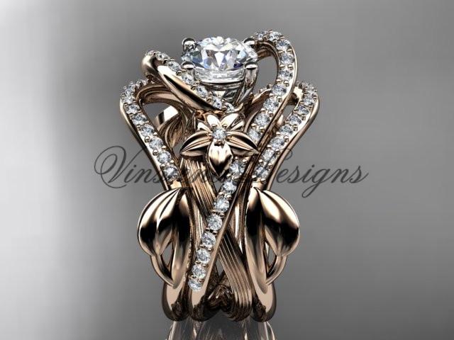 14kt rose gold diamond engagement ring set One Moissanite double band ADLR369S