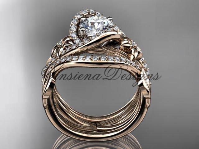 14k rose gold diamond  engagement ring set with double matching band ADLR369