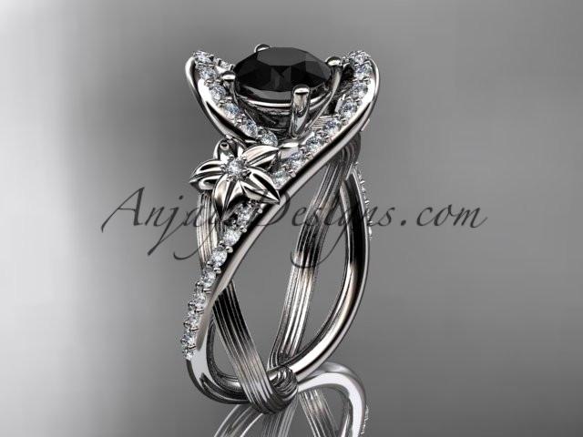 platinum leaf and flower diamond unique engagement ring, wedding ring with a Black Diamonde center stone ADLR369 - AnjaysDesigns
