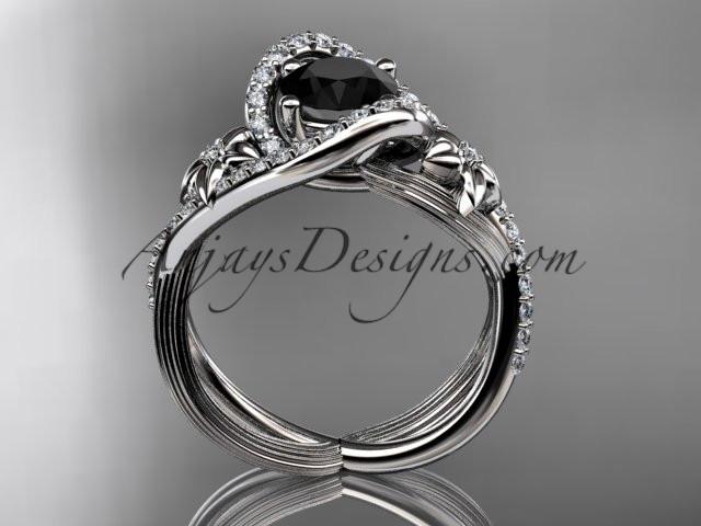 platinum leaf and flower diamond unique engagement ring, wedding ring with a Black Diamonde center stone ADLR369 - AnjaysDesigns