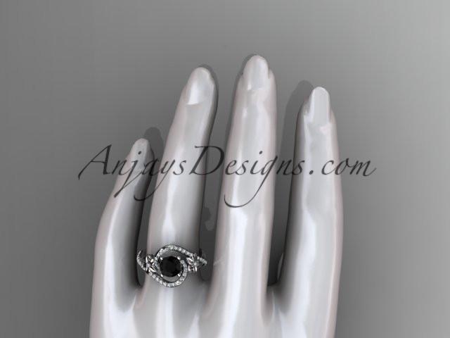 platinum leaf and flower diamond unique engagement ring, wedding ring with a Black Diamonde center stone ADLR369 - AnjaysDesigns