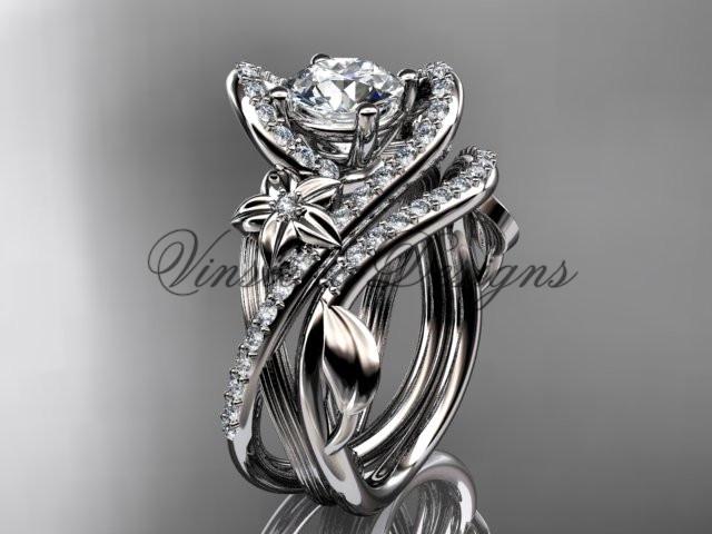 platinum leaf and flower diamond unique engagement set, wedding ring ADLR369SP