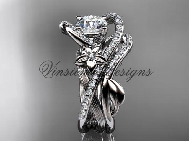 platinum leaf and flower diamond unique engagement set, wedding ring ADLR369SP