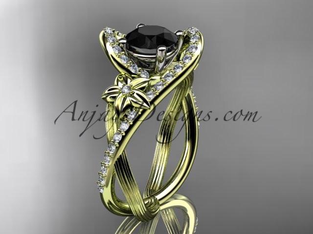 14k yellow gold leaf and flower diamond unique engagement ring, wedding ring with a Black Diamonde center stone ADLR369 - AnjaysDesigns
