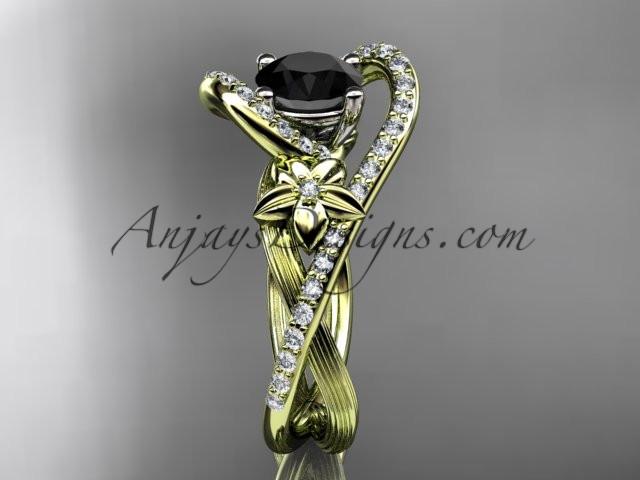 14k yellow gold leaf and flower diamond unique engagement ring, wedding ring with a Black Diamonde center stone ADLR369 - AnjaysDesigns