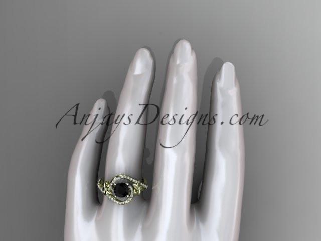 14k yellow gold leaf and flower diamond unique engagement ring, wedding ring with a Black Diamonde center stone ADLR369 - AnjaysDesigns