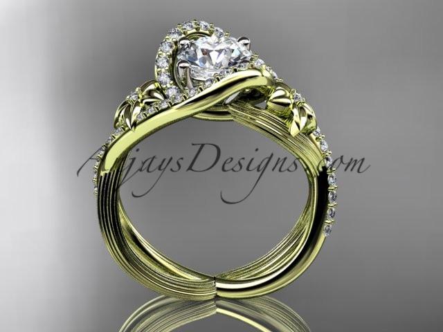 14k yellow gold leaf and flower diamond unique engagement ring, wedding ring with a "Forever One" Moissanite center stone ADLR369 - AnjaysDesigns