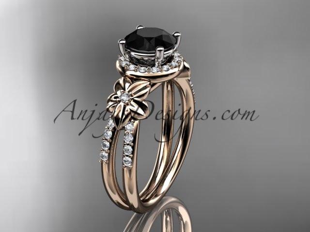 14k rose gold leaf and flower diamond unique engagement ring, wedding ring with a Black Diamonde center stone ADLR373 - AnjaysDesigns