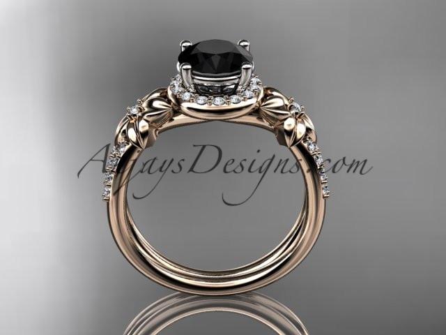 14k rose gold leaf and flower diamond unique engagement ring, wedding ring with a Black Diamonde center stone ADLR373 - AnjaysDesigns