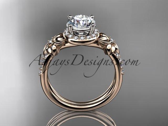 14k rose gold leaf and flower diamond unique engagement ring, wedding ring with a "Forever One" Moissanite center stone ADLR373 - AnjaysDesigns