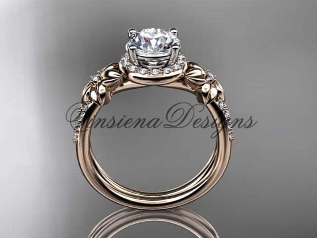 14k rose gold diamond unique engagement ring "Forever One" Moissanite ADLR373