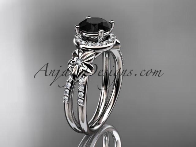 platinum leaf and flower diamond unique engagement ring, wedding ring with a Black Diamonde center stone ADLR373 - AnjaysDesigns
