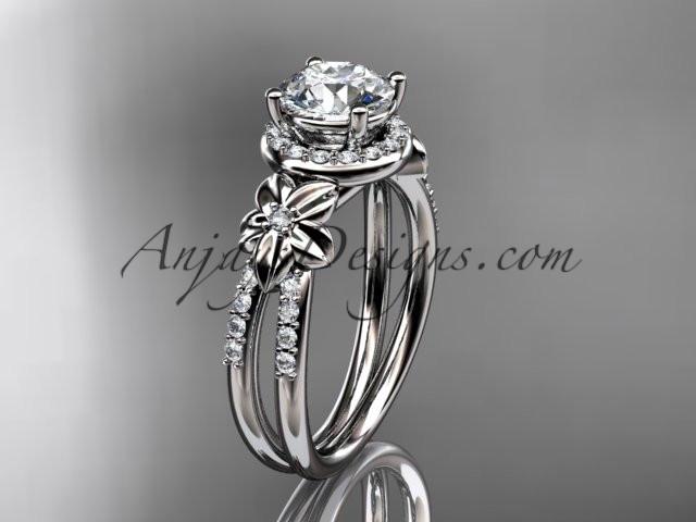 14k white gold leaf and flower diamond unique engagement ring, wedding ring with a "Forever One" Moissanite center stone ADLR373 - AnjaysDesigns