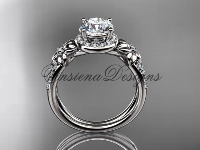 14k white gold diamond unique engagement ring "Forever One" Moissanite ADLR373