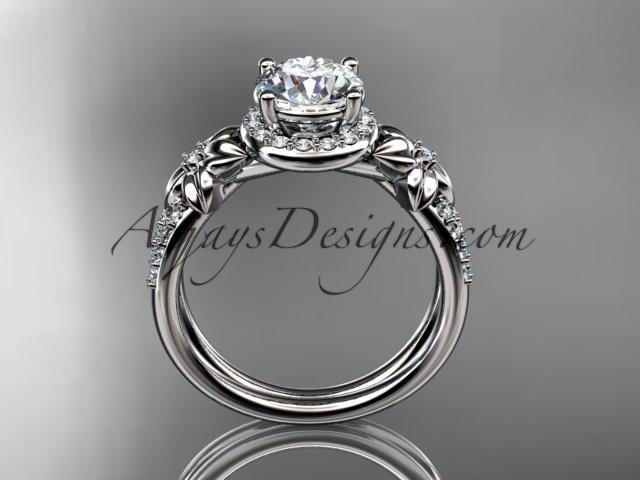 14k white gold leaf and flower diamond unique engagement ring, wedding ring with a "Forever One" Moissanite center stone ADLR373 - AnjaysDesigns
