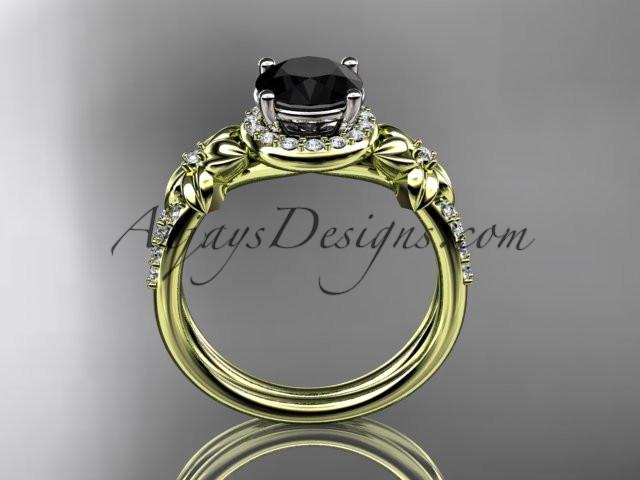 14k yellow gold leaf and flower diamond unique engagement ring, wedding ring with a Black Diamonde center stone ADLR373 - AnjaysDesigns