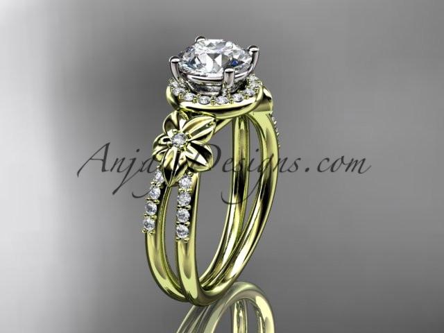 14k yellow gold leaf and flower diamond unique engagement ring, wedding ring with a "Forever One" Moissanite center stone ADLR373 - AnjaysDesigns