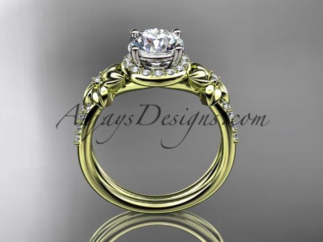 14k yellow gold leaf and flower diamond unique engagement ring, wedding ring with a "Forever One" Moissanite center stone ADLR373 - AnjaysDesigns