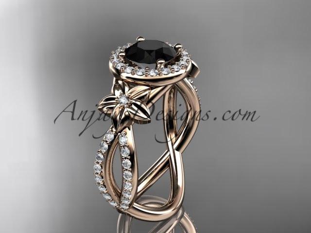14k rose gold leaf and flower diamond unique engagement ring, wedding ring with a Black Diamonde center stone ADLR374 - AnjaysDesigns
