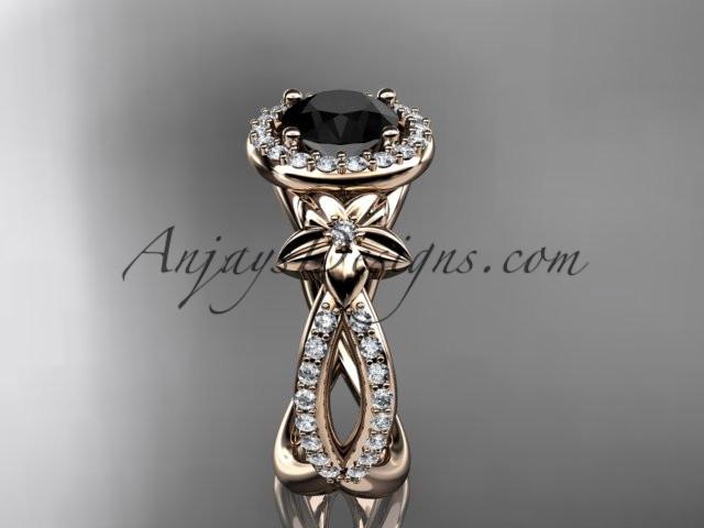 14k rose gold leaf and flower diamond unique engagement ring, wedding ring with a Black Diamonde center stone ADLR374 - AnjaysDesigns