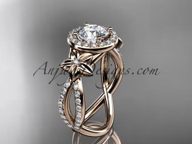 14k rose gold leaf and flower diamond unique engagement ring, wedding ring with a "Forever One" Moissanite center stone ADLR374 - AnjaysDesigns