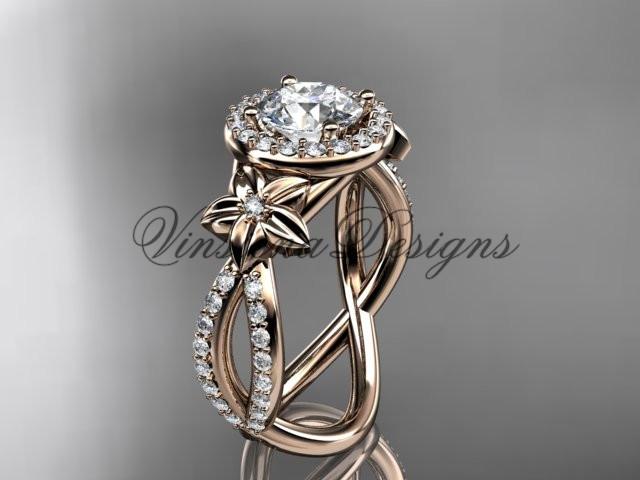 14k rose gold diamond unique engagement ring "Forever One" Moissanite ADLR374