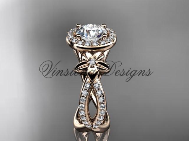 14k rose gold diamond unique engagement ring "Forever One" Moissanite ADLR374