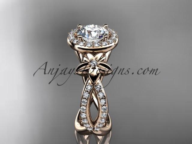 14k rose gold leaf and flower diamond unique engagement ring, wedding ring with a "Forever One" Moissanite center stone ADLR374 - AnjaysDesigns